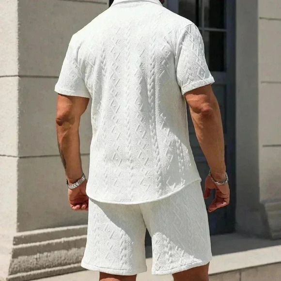 White Casual Men's Summer Solid Textured Shirt And Shorts Set - Picture 3 of 5